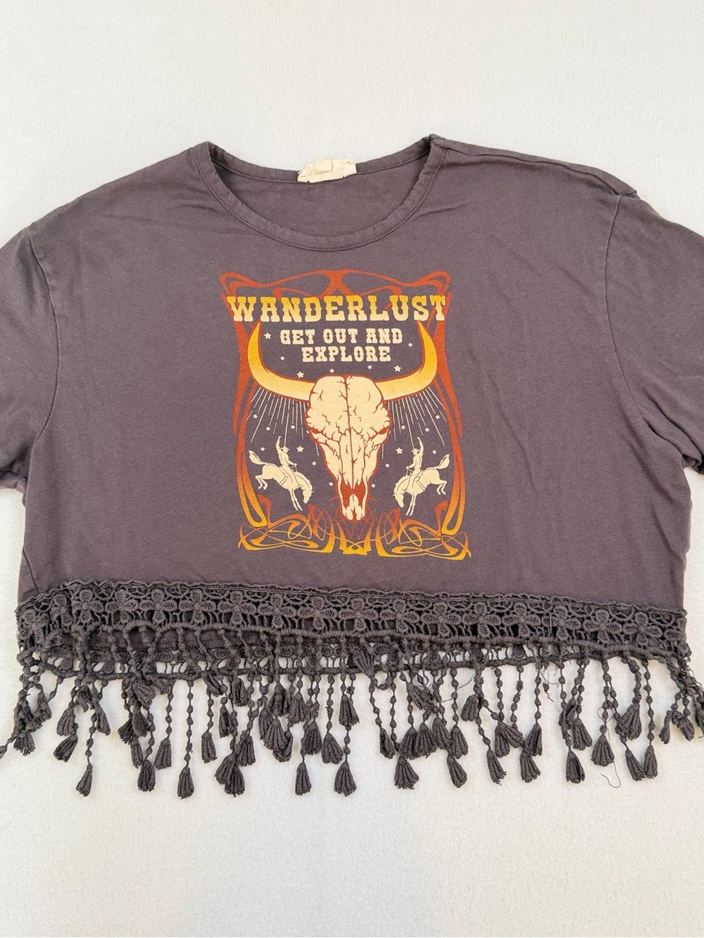 Wanderlust Graphic Fringe Crop Top - Charcoal
